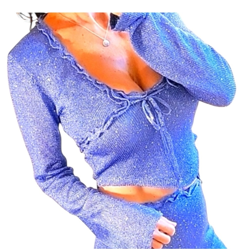 NWT Tiger Mist 2 Piece Crop Sweater Set Cami Blue Sparkle Lightweight S Ruffle